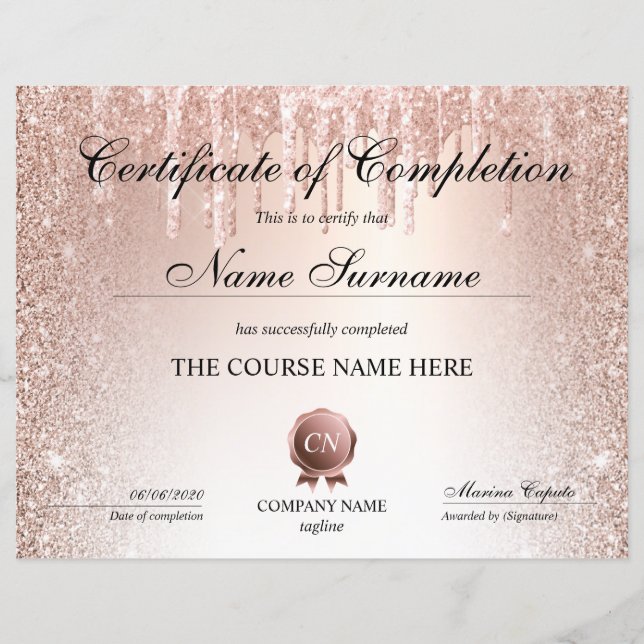 Certificate of Completion Award Course Completion (Front)