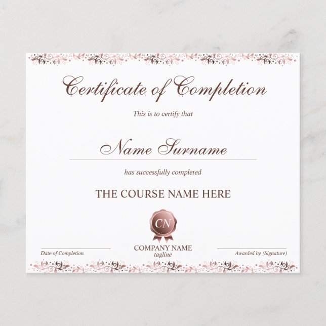 Certificate of Completion Award Course Completion (Front)