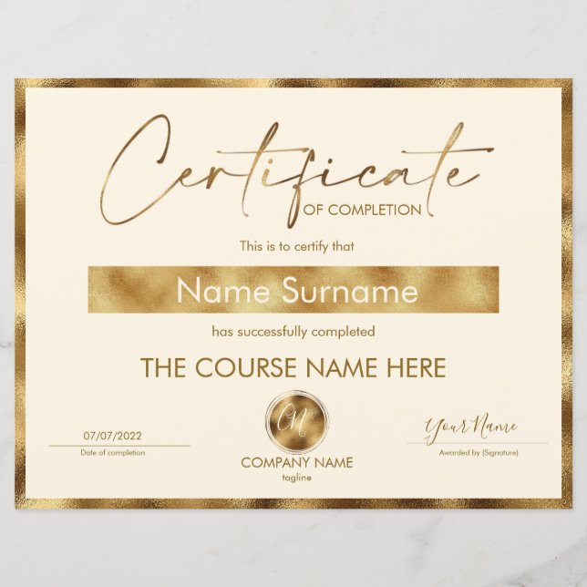 Certificate of Completion Award Course Completion  (Front)