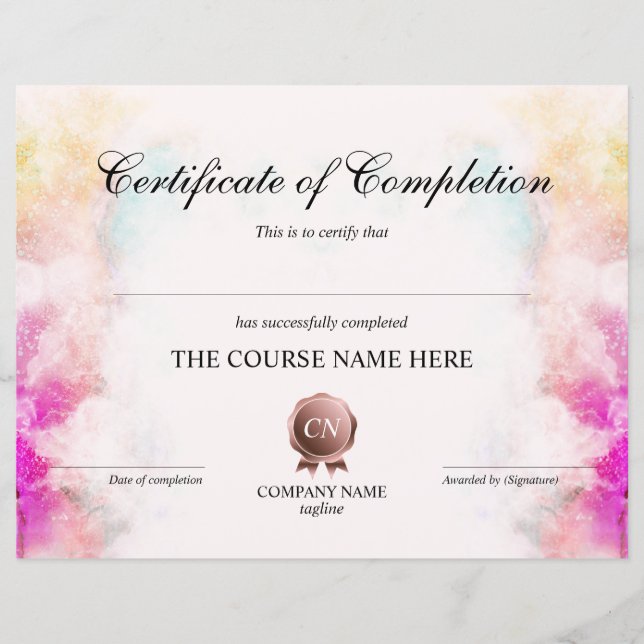 Certificate of Completion Award Course Completion (Front)