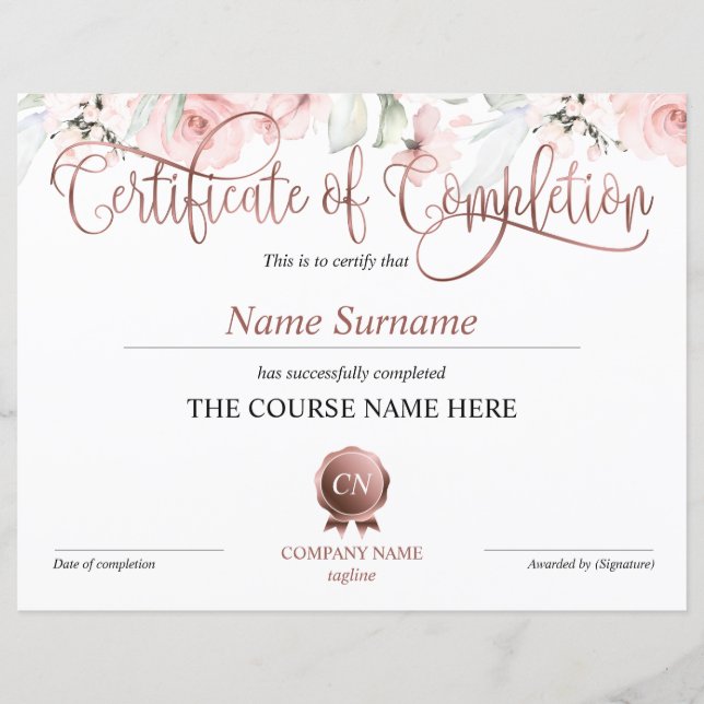 Certificate of Completion Award Course Completion (Front)