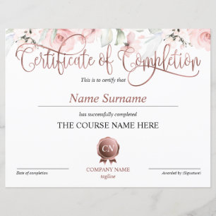 Certificate of Completion Award Course Completion