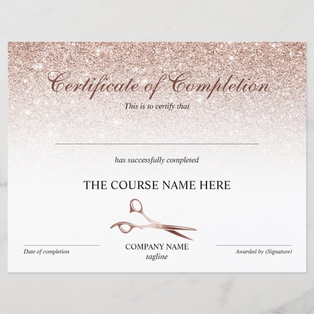 Certificate of Completion Award Hair Stylist (Front)