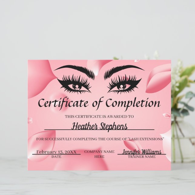 Certificate of Completion Award Lash Tech Pink (Standing Front)