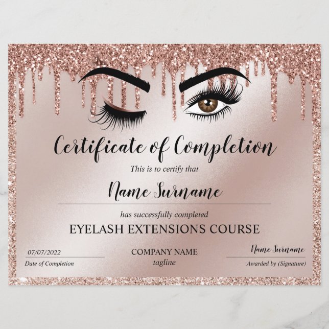 Certificate of Completion Award lashes Course (Front)