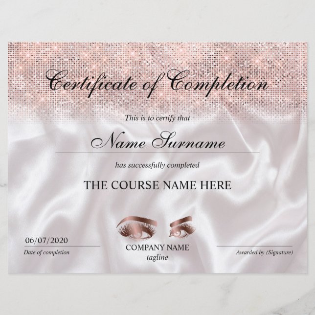 Certificate of Completion Award lashes Course (Front)