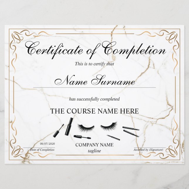 Certificate of Completion Award lashes Course (Front)