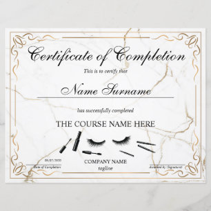 Certificate of Completion Award lashes Course