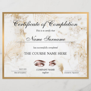 Certificate of Completion Award lashes Course