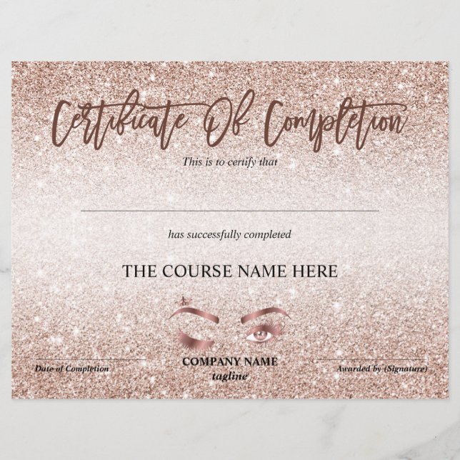 Certificate of Completion Award lashes Course (Front)