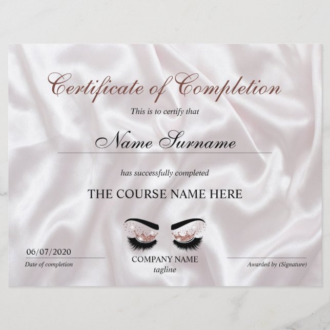 Certificate of Completion Award lashes Course (Front)