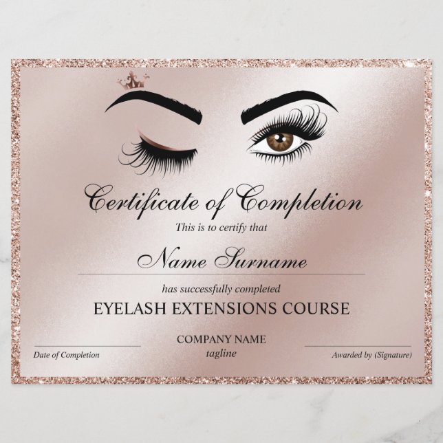 Certificate of Completion Award lashes Course (Front)