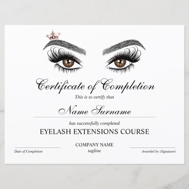Certificate of Completion Award lashes Course (Front)