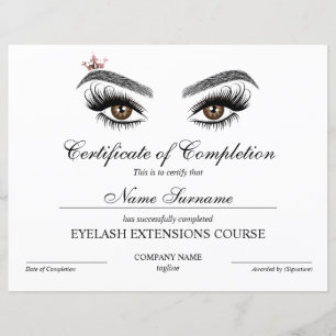Certificate of Completion Award lashes Course