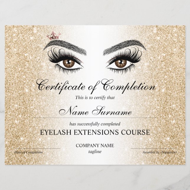 Certificate of Completion Award lashes Course (Front)