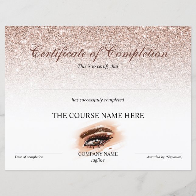 Certificate of Completion Award lashes Course (Front)