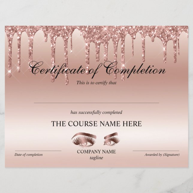 Certificate of Completion Award lashes Course (Front)