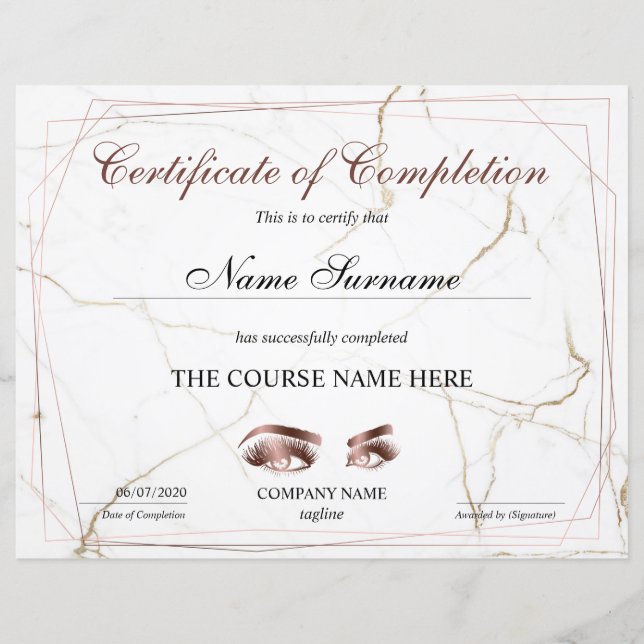 Certificate of Completion Award lashes Course (Front)