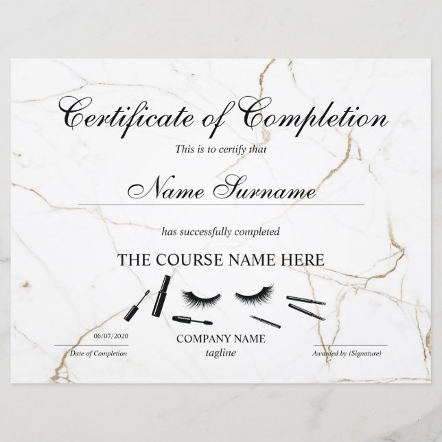 Certificate of Completion Award lashes Course (Front)