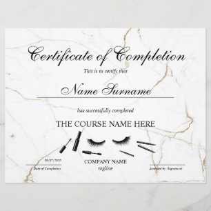 Certificate of Completion Award lashes Course