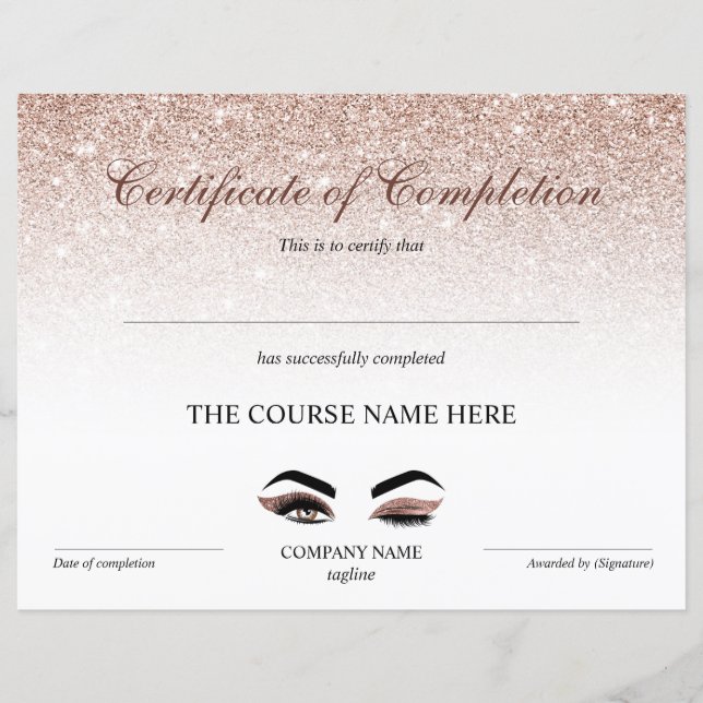 Certificate of Completion Award lashes Course (Front)