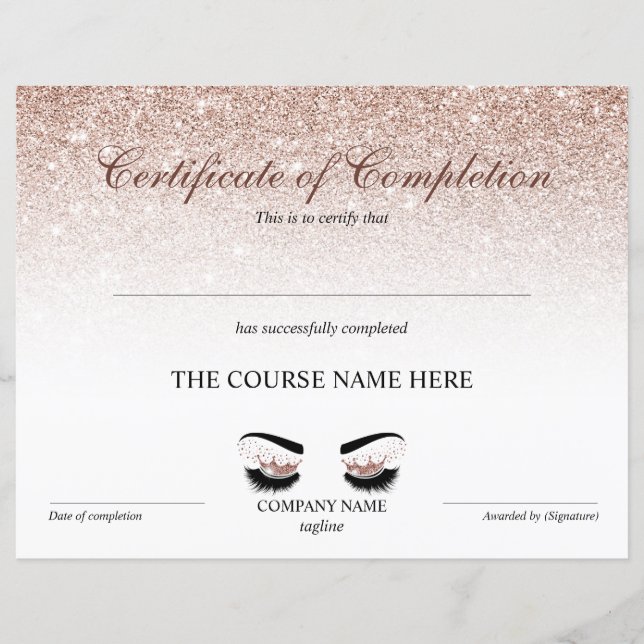 Certificate of Completion Award lashes Course (Front)