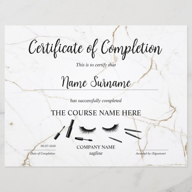 Certificate of Completion Award lashes Course (Front)