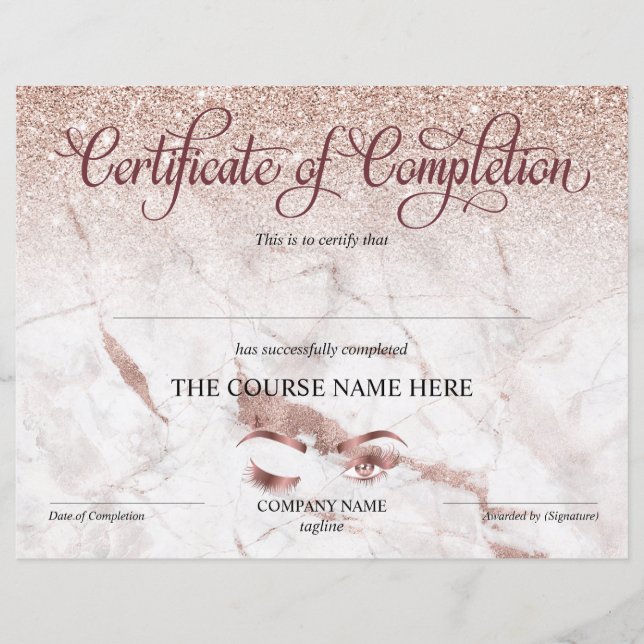 Certificate of Completion Award lashes Course (Front)