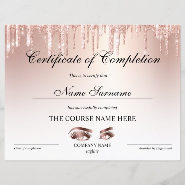 Certificate of Completion Award lashes Course (Front)