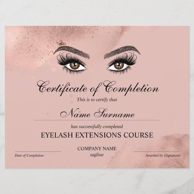 Certificate of Completion Award lashes Course (Front)