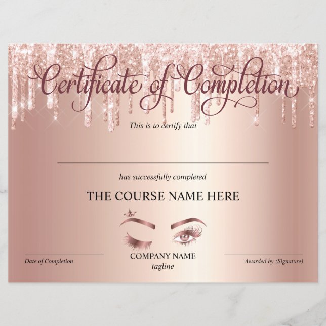 Certificate of Completion Award lashes Course (Front)