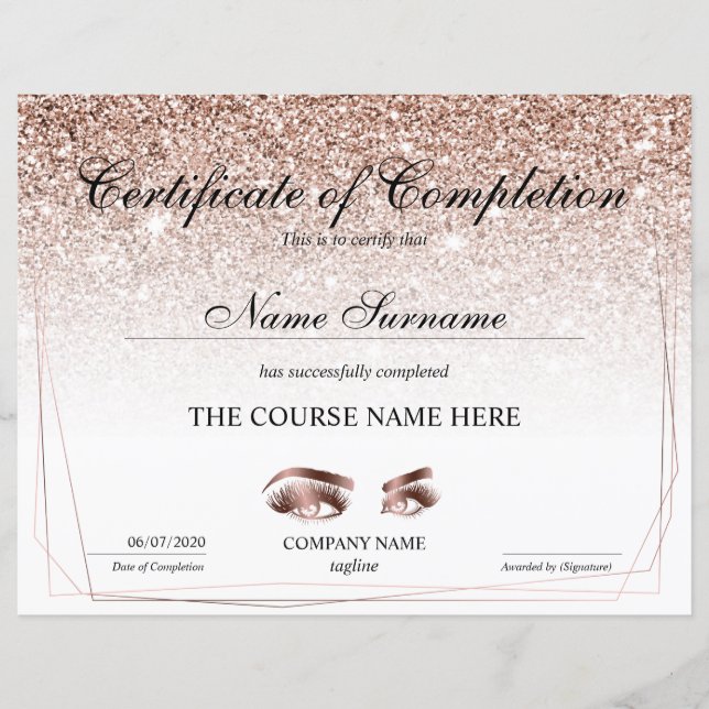 Certificate of Completion Award lashes Course (Front)