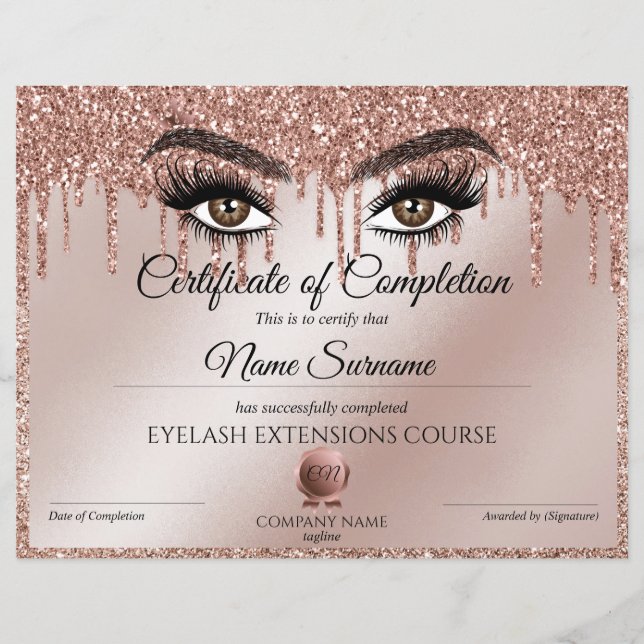 Certificate of Completion Award lashes Course (Front)