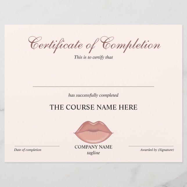 Certificate of Completion Award lashes Course lips (Front)