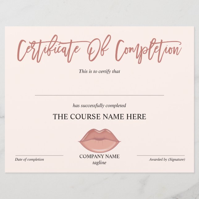 Certificate of Completion Award lashes Course lips (Front)