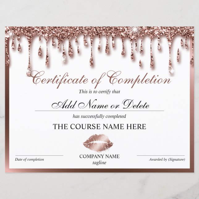 Certificate of Completion Award lashes Course lips (Front)