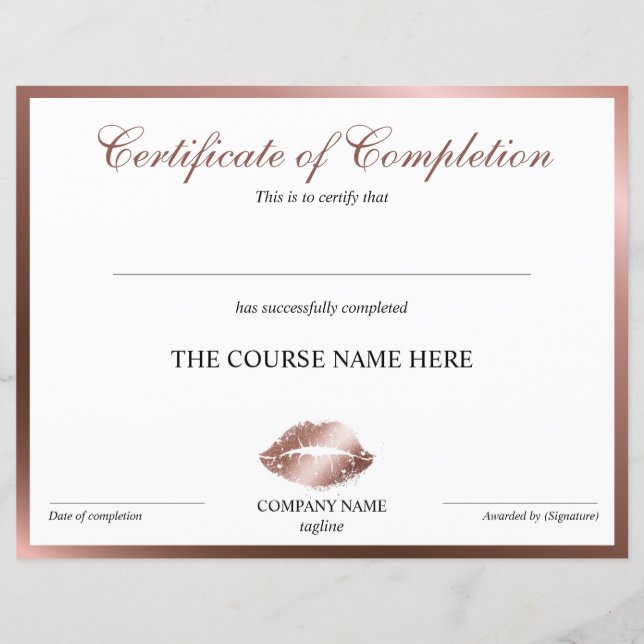 Certificate of Completion Award lashes Course lips (Front)