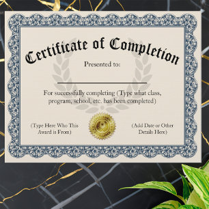 Certificate of Completion Blue Customisable 8.5x11