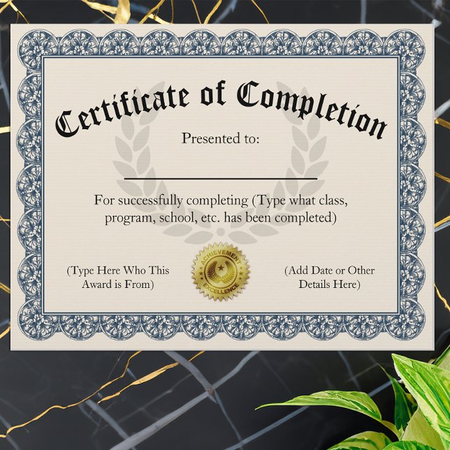 Certificate of Completion Blue Customisable 8.5x11 (certificate of completion)