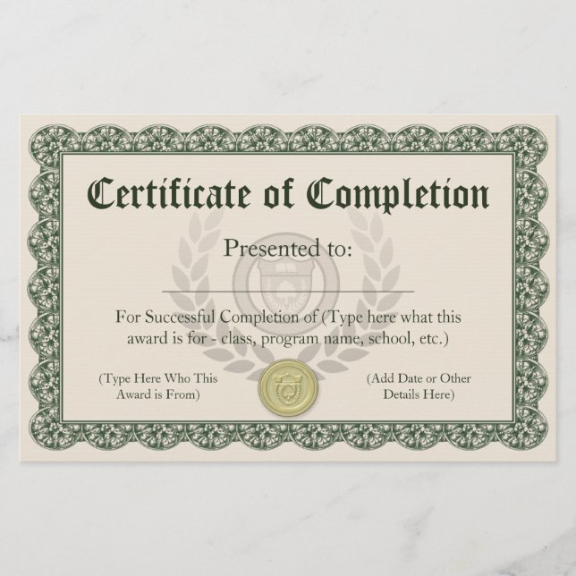 Certificate of Completion, Customisable (Front)
