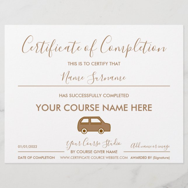 certificate of completion driving car (Front)
