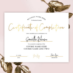 Certificate of Completion Faux Gold Beauty Award