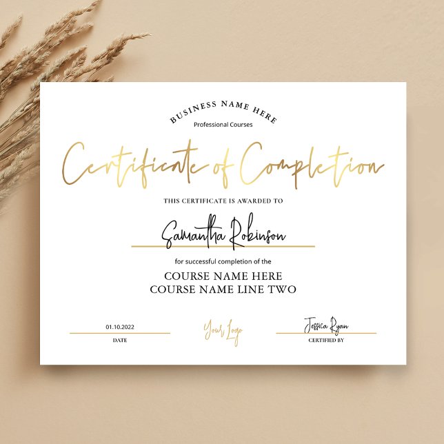 Certificate of Completion Faux Gold Downloadable Poster (Elegant gold effect downloadable Certificate of Completion Award)