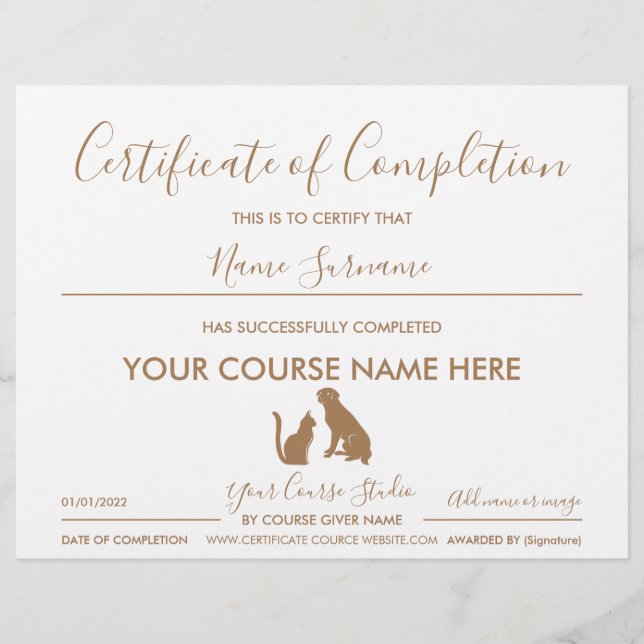 certificate of completion pet cat dog (Front)