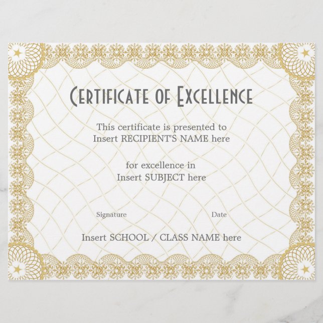 CERTIFICATE OF EXCELLENCE (Front)