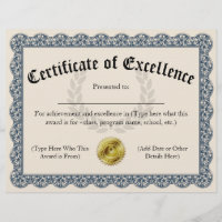 Certificate of Excellence Blue Customisable 8.5x11