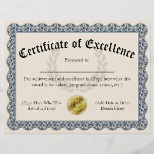Certificate of Excellence Blue Customisable 8.5x11