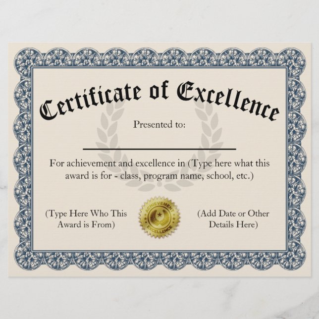 Certificate of Excellence Blue Customisable 8.5x11 (Front)