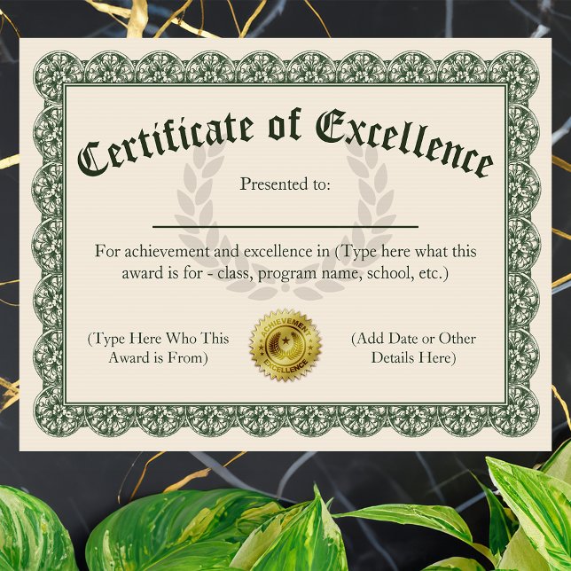 Certificate of Excellence, Customisable 8.5x11 (customizable certificate of excellence)