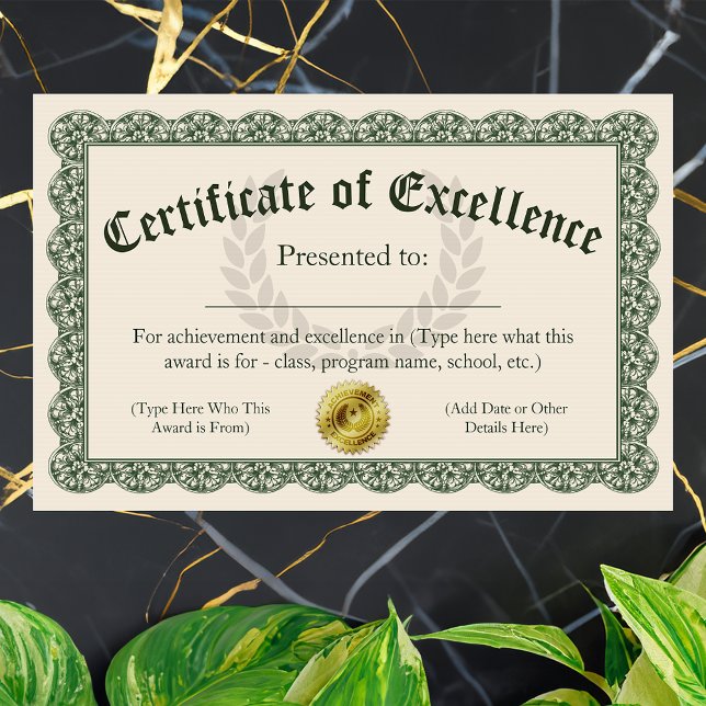 Certificate of Excellence, Customisable Award (customizable certificate of excellence)